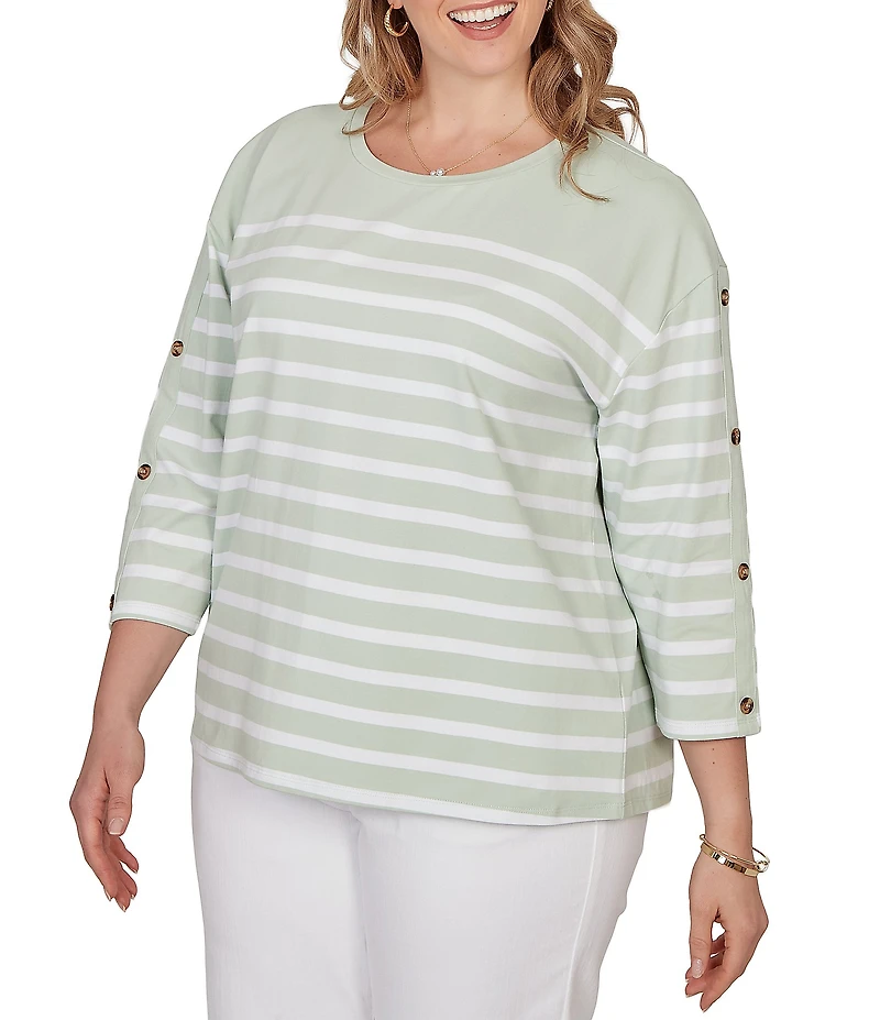 Ruby Rd. Plus Size Yarn-Dyed Stripe Crew Neck 3/4 Button Sleeve Knit Top