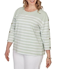 Ruby Rd. Plus Size Yarn-Dyed Stripe Crew Neck 3/4 Button Sleeve Knit Top