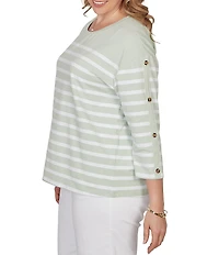 Ruby Rd. Plus Size Yarn-Dyed Stripe Crew Neck 3/4 Button Sleeve Knit Top