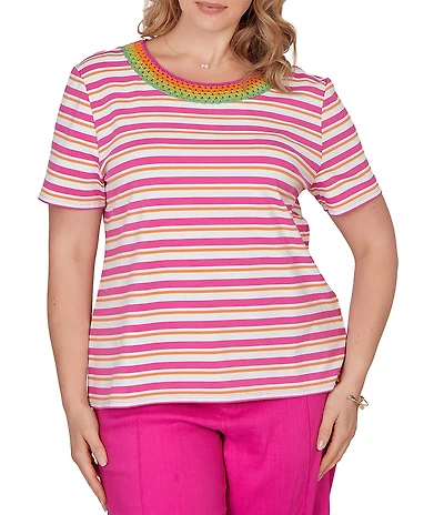 Ruby Rd. Plus Size Yarn-Dyed Stripe Crochet Embellished Scoop Neck Short Sleeve Tee