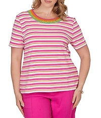 Ruby Rd. Plus Size Yarn-Dyed Stripe Crochet Embellished Scoop Neck Short Sleeve Tee