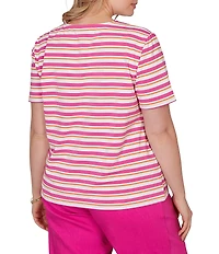 Ruby Rd. Plus Size Yarn-Dyed Stripe Crochet Embellished Scoop Neck Short Sleeve Tee