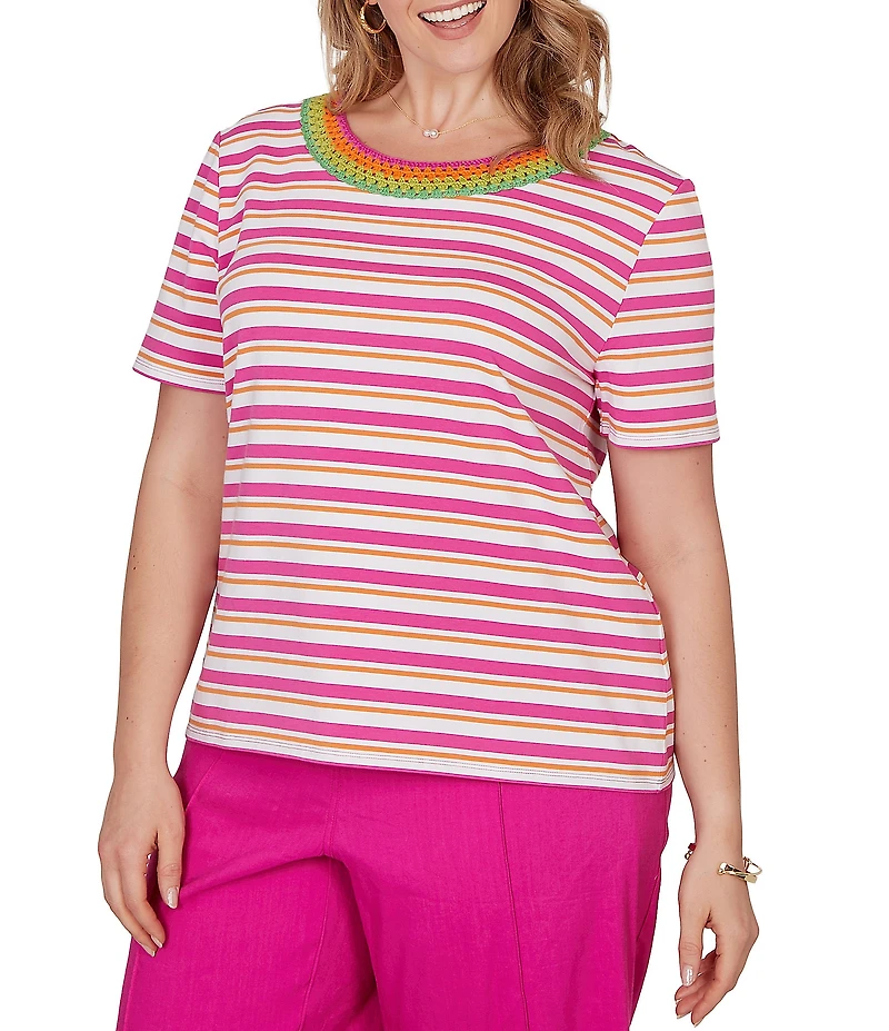 Ruby Rd. Plus Size Yarn-Dyed Stripe Crochet Embellished Scoop Neck Short Sleeve Tee