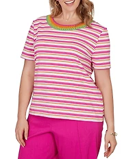 Ruby Rd. Plus Size Yarn-Dyed Stripe Crochet Embellished Scoop Neck Short Sleeve Tee