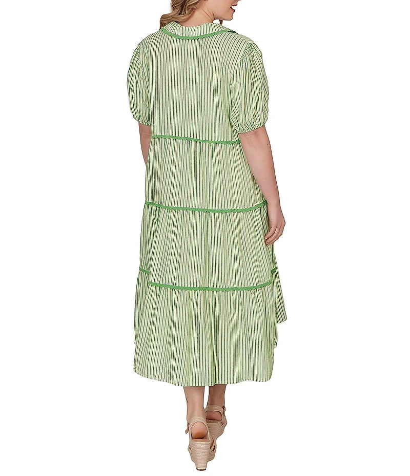 Ruby Rd. Plus Size Yarn-Dyed Textured Stripe Contrast Trim Tiered Midi Dress