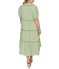 Ruby Rd. Plus Size Yarn-Dyed Textured Stripe Contrast Trim Tiered Midi Dress