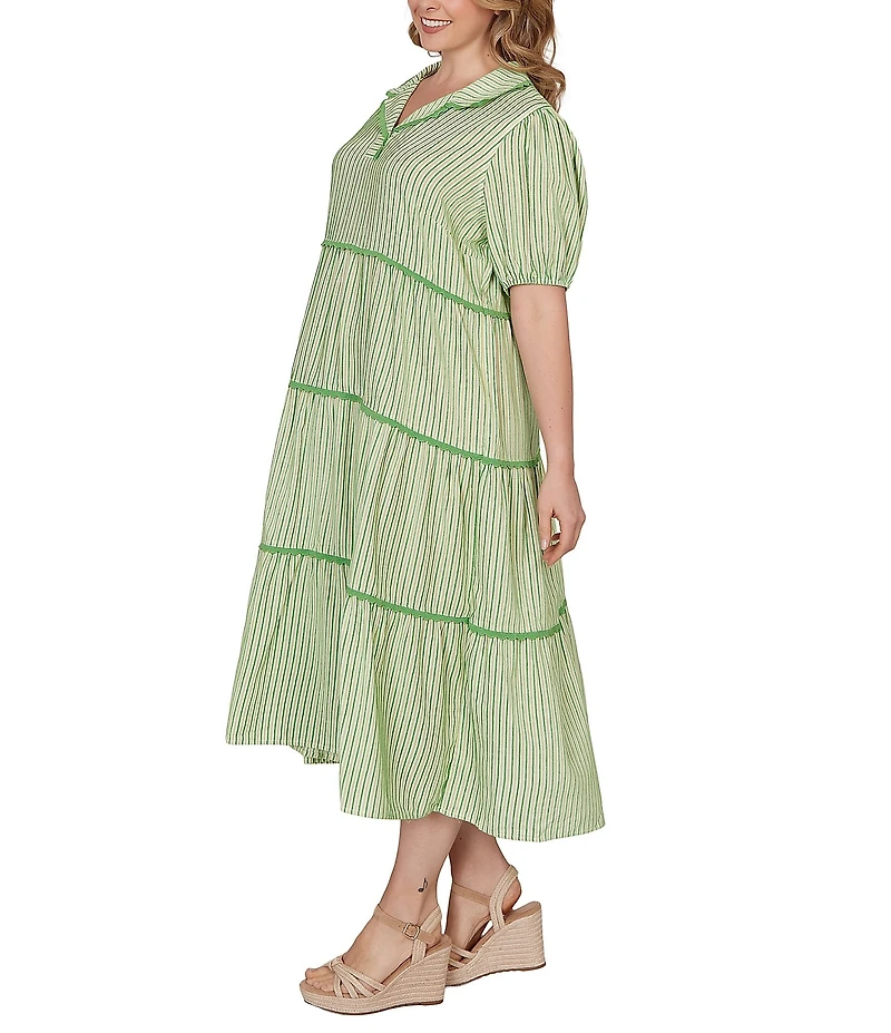 Ruby Rd. Plus Size Yarn-Dyed Textured Stripe Contrast Trim Tiered Midi Dress