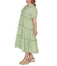 Ruby Rd. Plus Size Yarn-Dyed Textured Stripe Contrast Trim Tiered Midi Dress