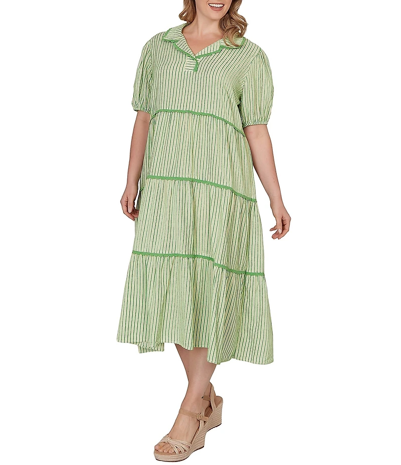 Ruby Rd. Plus Size Yarn-Dyed Textured Stripe Contrast Trim Tiered Midi Dress