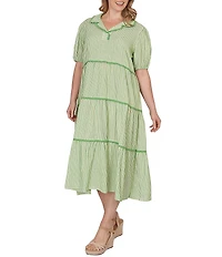 Ruby Rd. Plus Size Yarn-Dyed Textured Stripe Contrast Trim Tiered Midi Dress