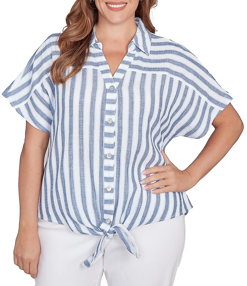 Ruby Rd. Plus Size Yarn-Dyed Woven Stripe Collared V-Neck Short Sleeve Button Front Shirt