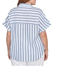 Ruby Rd. Plus Size Yarn-Dyed Woven Stripe Collared V-Neck Short Sleeve Button Front Shirt