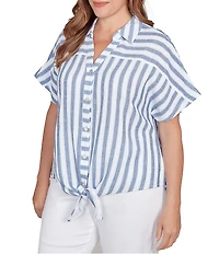 Ruby Rd. Plus Size Yarn-Dyed Woven Stripe Collared V-Neck Short Sleeve Button Front Shirt