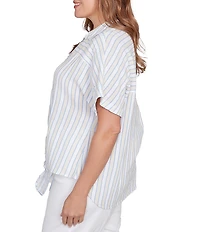 Ruby Rd. Plus Size Yarn-Dyed Woven Stripe Collared V-Neck Short Sleeve Button Front Shirt