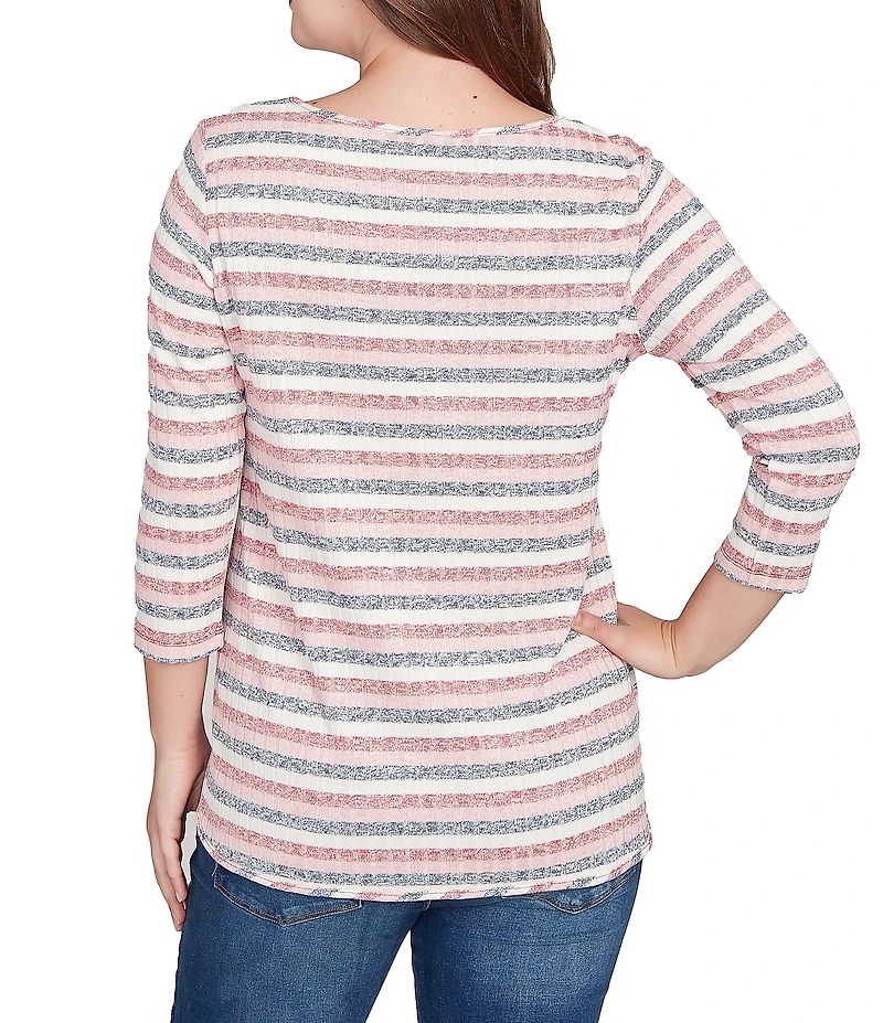 Ruby Rd. Ribbed Knit Striped Boat Neck 3/4 Sleeve Shirttail Hem Top