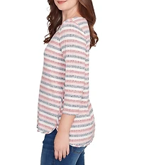 Ruby Rd. Ribbed Knit Striped Boat Neck 3/4 Sleeve Shirttail Hem Top