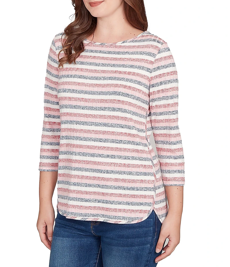 Ruby Rd. Ribbed Knit Striped Boat Neck 3/4 Sleeve Shirttail Hem Top