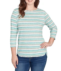 Ruby Rd. Ribbed Knit Striped Boat Neck 3/4 Sleeve Shirttail Hem Top