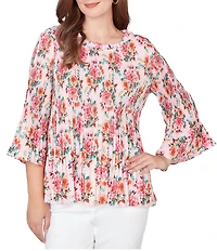 Ruby Rd. Ruffle Scoop Neck 3/4 Bell Sleeve Floral Pleated Top