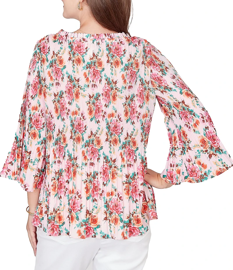 Ruby Rd. Ruffle Scoop Neck 3/4 Bell Sleeve Floral Pleated Top