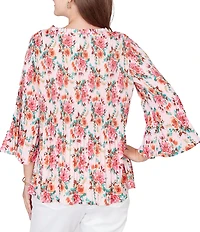 Ruby Rd. Ruffle Scoop Neck 3/4 Bell Sleeve Floral Pleated Top