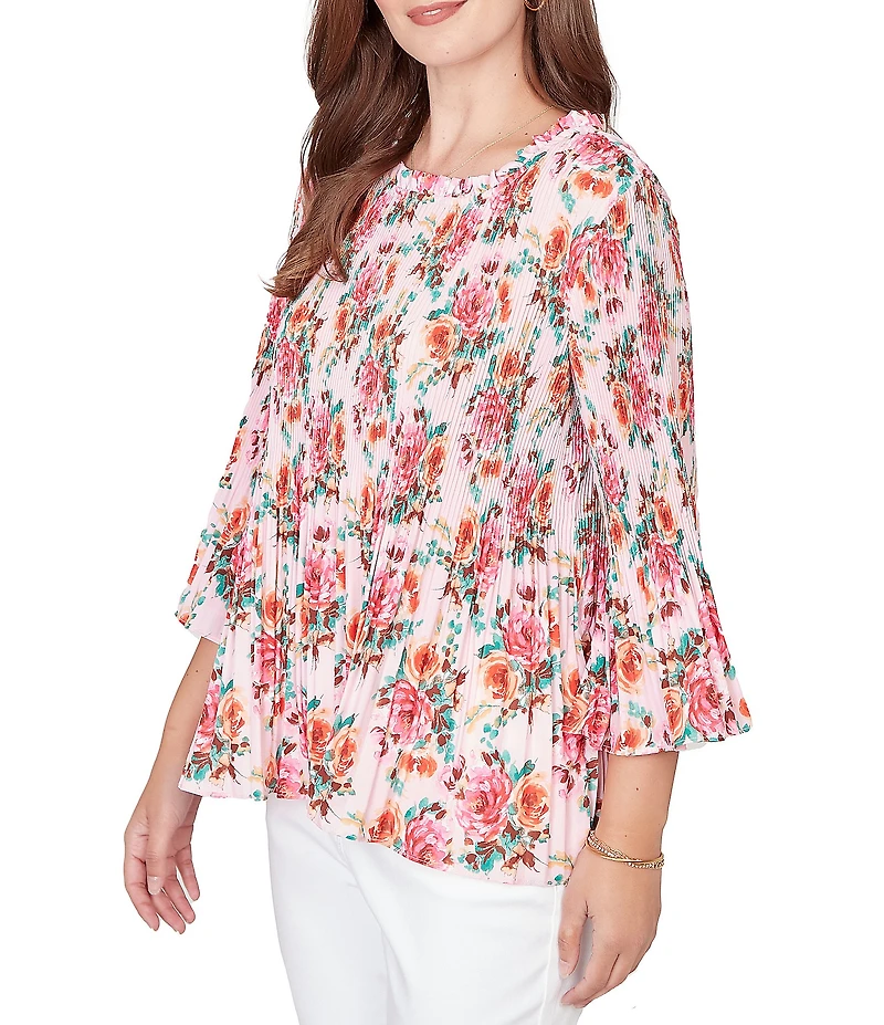 Ruby Rd. Ruffle Scoop Neck 3/4 Bell Sleeve Floral Pleated Top