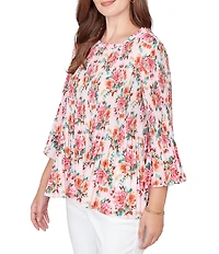 Ruby Rd. Ruffle Scoop Neck 3/4 Bell Sleeve Floral Pleated Top