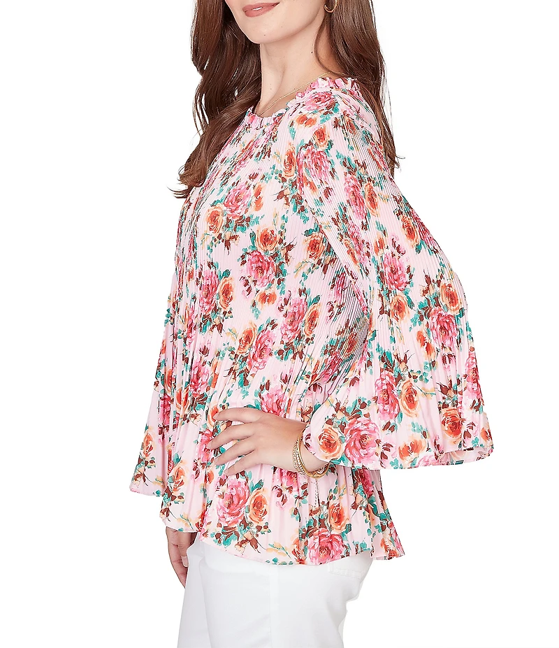 Ruby Rd. Ruffle Scoop Neck 3/4 Bell Sleeve Floral Pleated Top