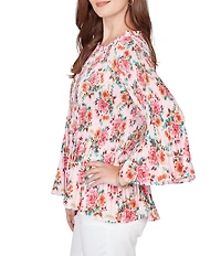 Ruby Rd. Ruffle Scoop Neck 3/4 Bell Sleeve Floral Pleated Top