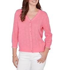 Ruby Rd. Ruffle V-Neck 3/4 Sleeve Button-Front Pointelle Cardigan