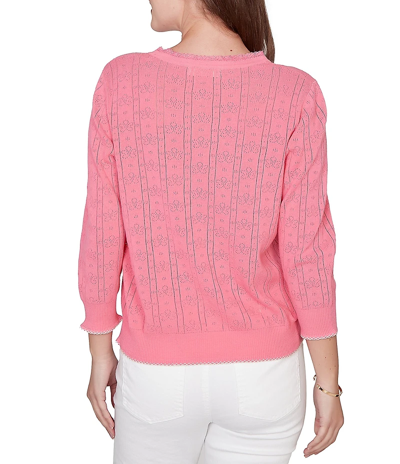 Ruby Rd. Ruffle V-Neck 3/4 Sleeve Button-Front Pointelle Cardigan