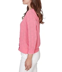 Ruby Rd. Ruffle V-Neck 3/4 Sleeve Button-Front Pointelle Cardigan