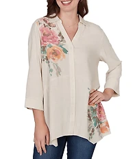 Ruby Rd. Sand-Washed Linen Collared V-Neck 3/4 Sleeve Button Front Coordinating Tunic