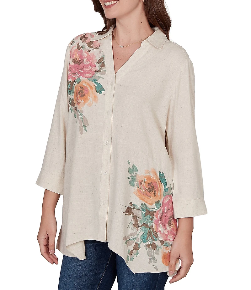 Ruby Rd. Sand-Washed Linen Collared V-Neck 3/4 Sleeve Button Front Coordinating Tunic