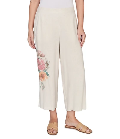 Ruby Rd. Sand-Washed Linen Floral Placement Print Wide Leg Pull-On Coordinating Cropped Pants