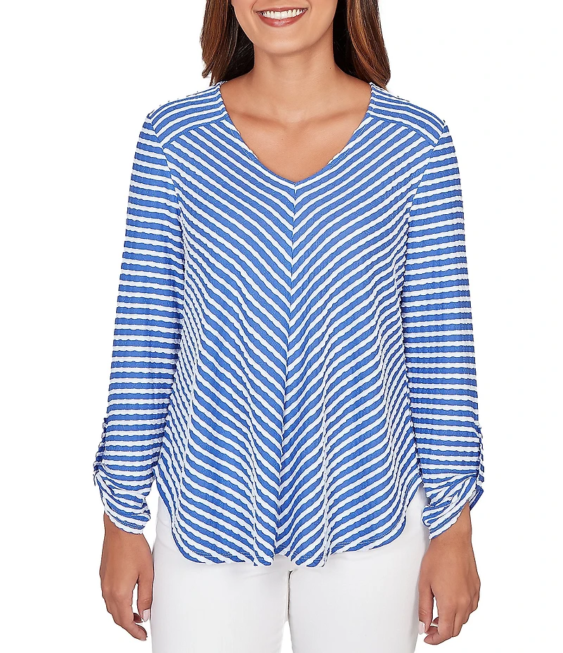 Ruby Rd. Scalloped Stripe V-Neck 3/4 Roll-Tab Sleeve Top
