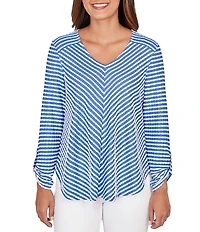 Ruby Rd. Scalloped Stripe V-Neck 3/4 Roll-Tab Sleeve Top