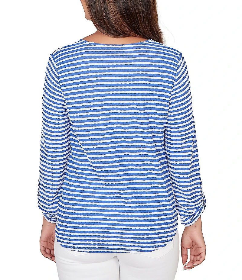 Ruby Rd. Scalloped Stripe V-Neck 3/4 Roll-Tab Sleeve Top