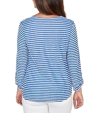 Ruby Rd. Scalloped Stripe V-Neck 3/4 Roll-Tab Sleeve Top