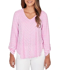 Ruby Rd. Scalloped Stripe V-Neck 3/4 Roll-Tab Sleeve Top