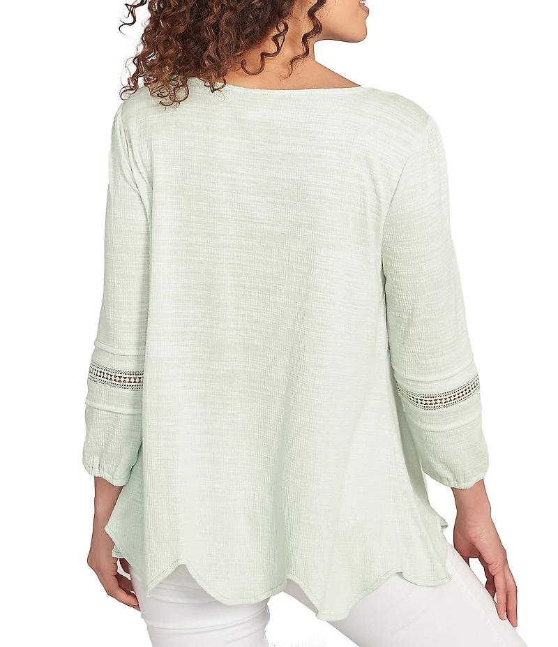 Ruby Rd. Knit Scoop Neck 3/4 Bishop Sleeve Lace Trim Scallop Hem Top