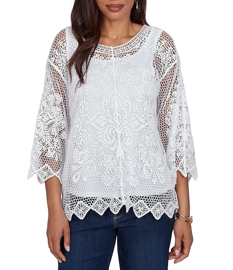 Ruby Rd. Scoop Neck 3/4 Sleeve Medallion Crochet Lace Top