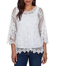 Ruby Rd. Scoop Neck 3/4 Sleeve Medallion Crochet Lace Top