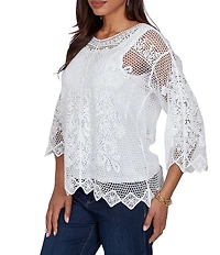 Ruby Rd. Scoop Neck 3/4 Sleeve Medallion Crochet Lace Top