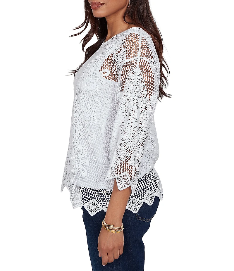 Ruby Rd. Scoop Neck 3/4 Sleeve Medallion Crochet Lace Top