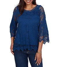 Ruby Rd. Scoop Neck 3/4 Sleeve Medallion Crochet Lace Top