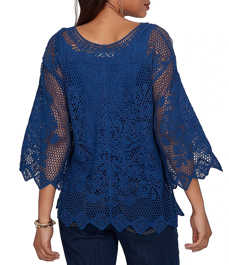 Ruby Rd. Scoop Neck 3/4 Sleeve Medallion Crochet Lace Top