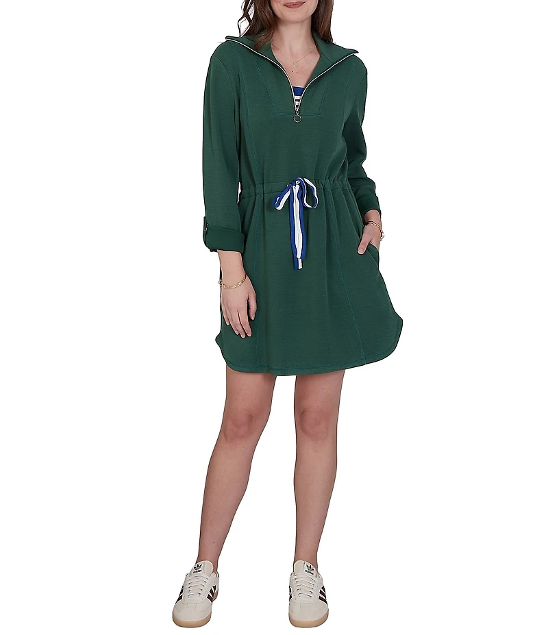 Ruby Rd. Scuba Pique Contrast Stripe Trim Zip Front Collar 3/4 Roll-Tab Sleeve Cinched Waist A-Line Dress