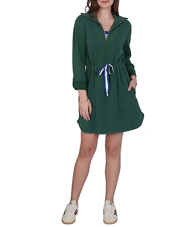 Ruby Rd. Scuba Pique Contrast Stripe Trim Zip Front Collar 3/4 Roll-Tab Sleeve Cinched Waist A-Line Dress