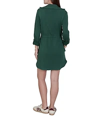 Ruby Rd. Scuba Pique Contrast Stripe Trim Zip Front Collar 3/4 Roll-Tab Sleeve Cinched Waist A-Line Dress